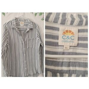 C&C Clothing California Sz XL Blue White Striped Cotton Button Up Shirt Top